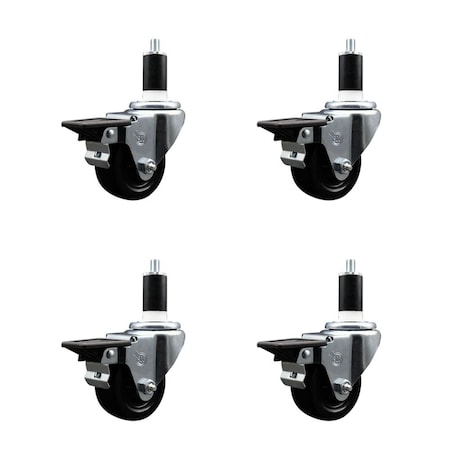 Service Caster 3'' Soft Rubber Swivel 1-3/8'' Expanding Stem Caster Set with Brake, 4PK SCC-EX20S314-SRS-PLB-138-4